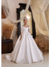 Beaded White Lace Satin 3D Flowers Flower Girl Dress